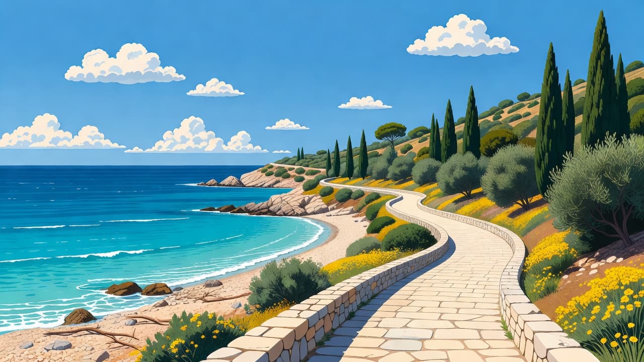 A vibrant illustration of a paved path winding along a scenic shoreline. Lush green foliage lines the trail, while the bright blue Mediterranean Sea stretches out toward a sunlit horizon.