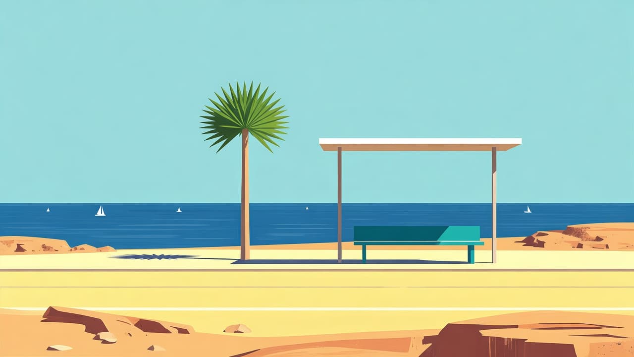 A simple bus stop shelter sits beside a bright coastal road overlooking the calm blue Mediterranean sea.