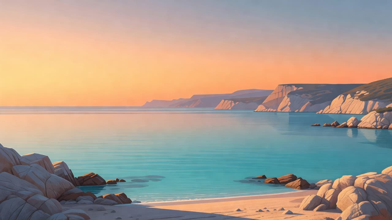 A minimalist illustration shows rugged rocky shorelines meeting the calm turquoise Mediterranean waters. Distant cliffs glow under a soft warm sunset sky, emphasizing the tranquil and serene atmosphere of the coast.