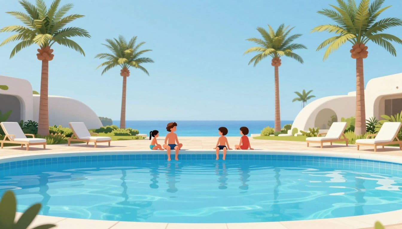 A family of four relaxes on lounge chairs by a vivid blue swimming pool in Cyprus. Tall Mediterranean palm trees frame the sunny courtyard, creating a peaceful and vibrant holiday atmosphere.