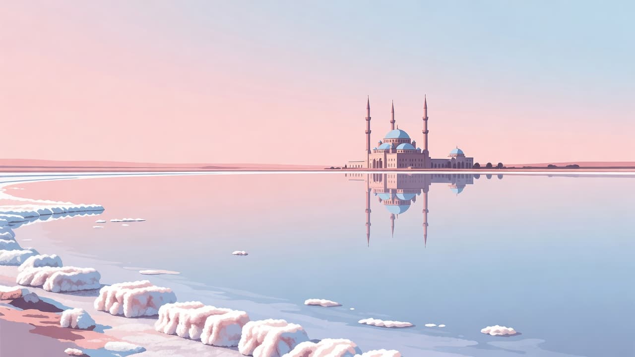 A tranquil salt lake stretches toward the horizon, reflecting soft pink and blue hues. The distant white silhouette of the Hala Sultan Tekke mosque sits gracefully against the clear, bright sky.