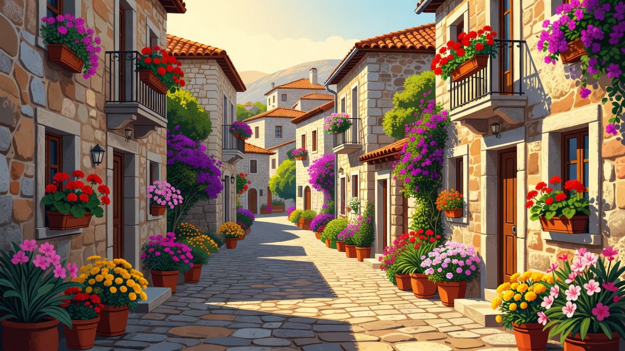 A narrow village street lined with stone buildings adorned with colorful flowers and potted plants.