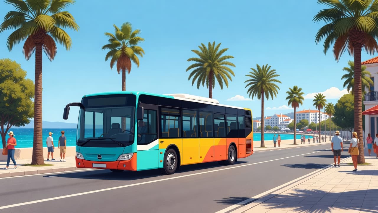 A vibrant, contemporary bus travels along a peaceful, sun-drenched street lined with lush green trees. The clean-lined vehicle moves through the city center during a bright, clear day in Cyprus.