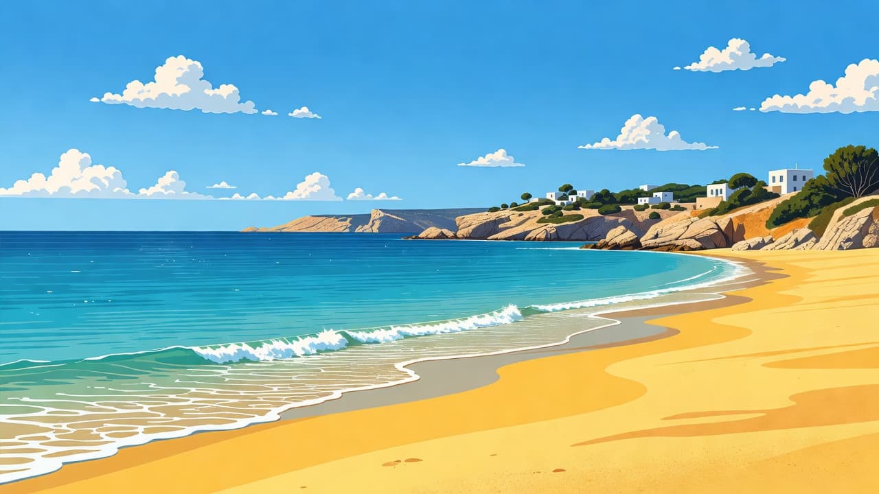 An artistic illustration of a peaceful Mediterranean beach with turquoise water and golden sand.