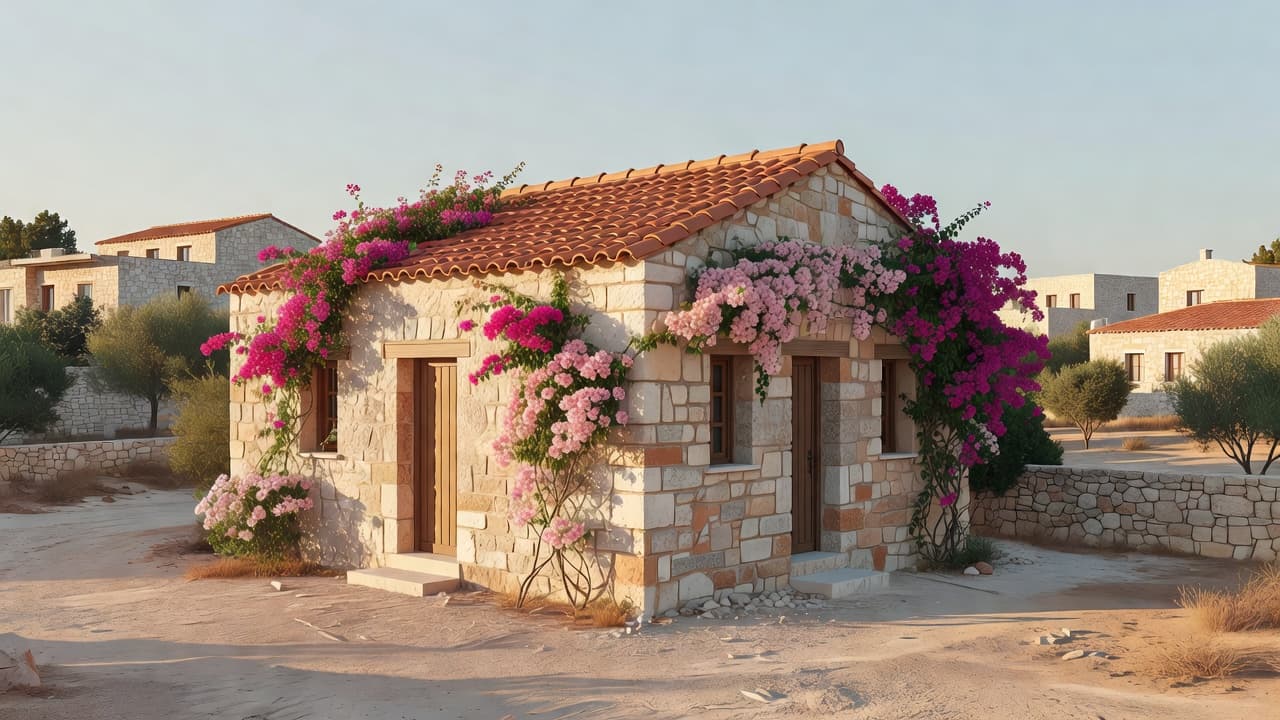 A charming stone residence featuring vibrant bougainvillea flowers draped over the facade. The scene captures a quiet, sunlit village street with clean architectural lines and a soft, warm Mediterranean color palette.
