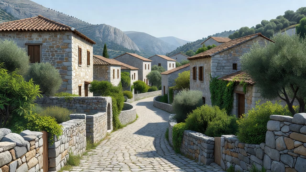 A quiet narrow street features weathered stone buildings with rustic timber shutters. Potted shrubs line the uneven cobblestones as warm sunlight highlights the textured earthy tones of the historic mountain architecture.