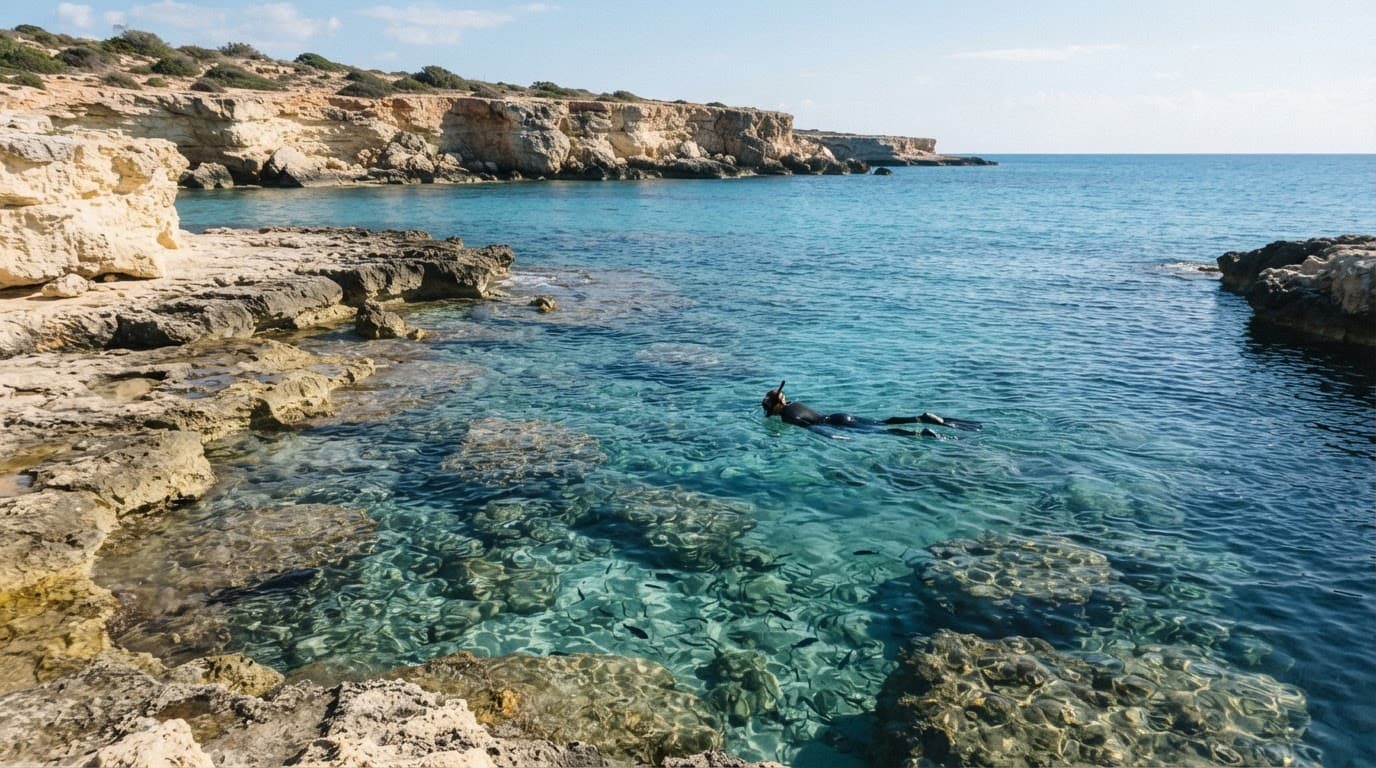 A snorkeller explores clear water beside rocky shore and sandy patches.