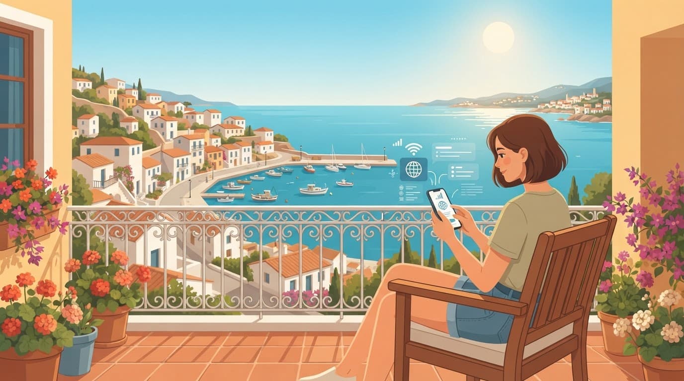 A traveler uses a smartphone on a sunny balcony overlooking a coastal town.