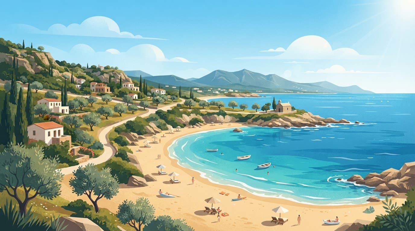 Illustrated Cyprus coast with blue water, sandy beach, olive trees, and a bright sky.