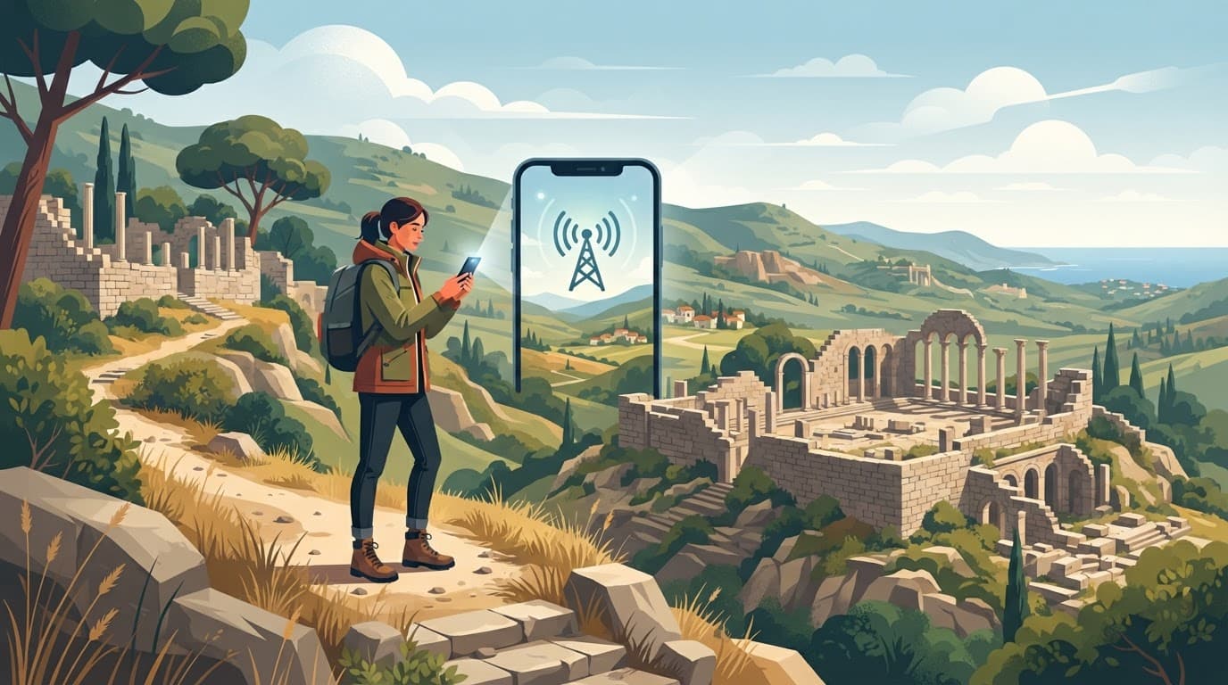 A person holds a phone with a signal icon near green hills and ancient ruins.