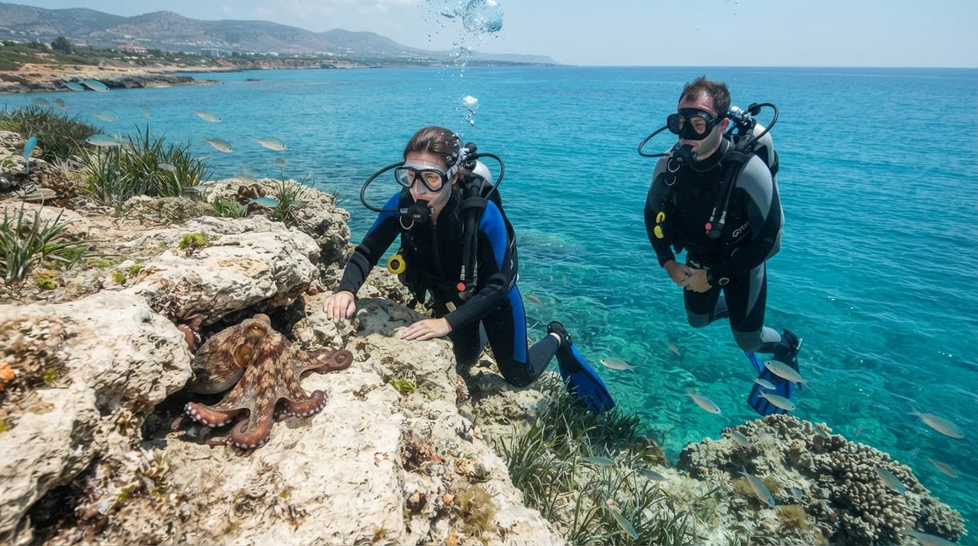 Two divers explore a reef as one watches an octopus near rocks.