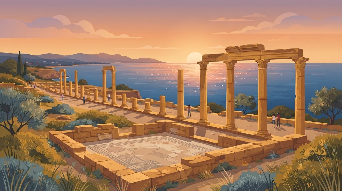 Roman columns and stone ruins in Cyprus silhouetted against a warm sunset.
