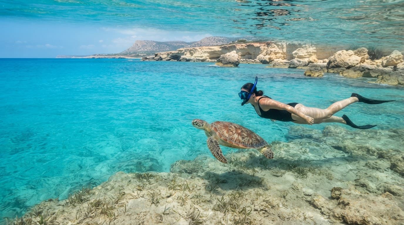 A snorkeller floats beside a green sea turtle over a sandy seabed in Cyprus.