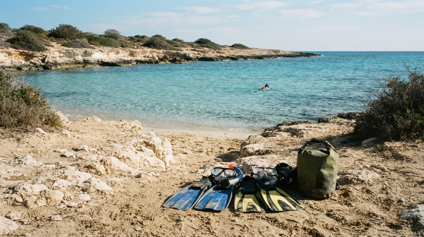 Snorkel masks, fins, and a dry bag beside a sandy Cyprus beach with one swimmer offshore.