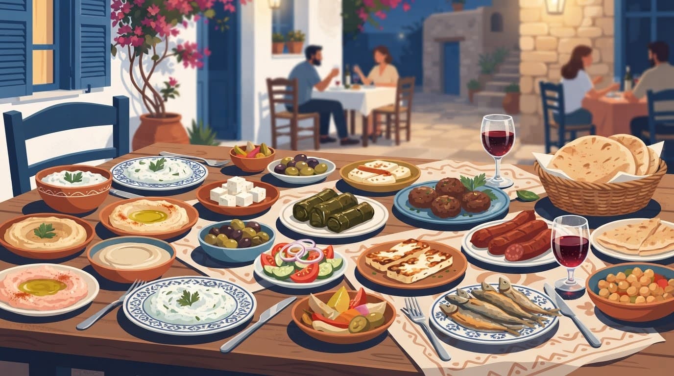 A Cyprus tavern table with meze dishes, bread, and a glass of wine.
