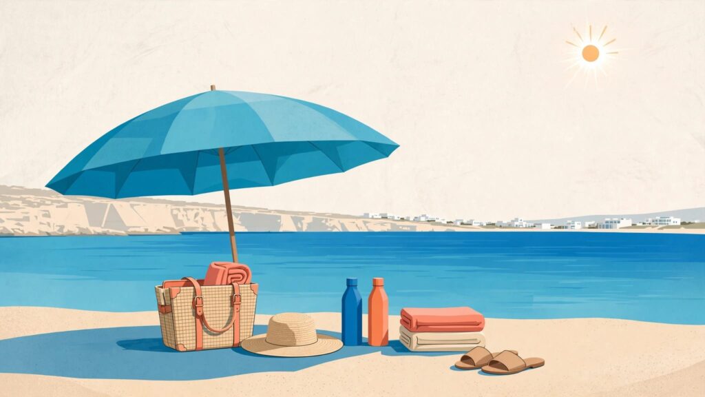 Beach essentials sit under an umbrella beside the calm Mediterranean Sea.