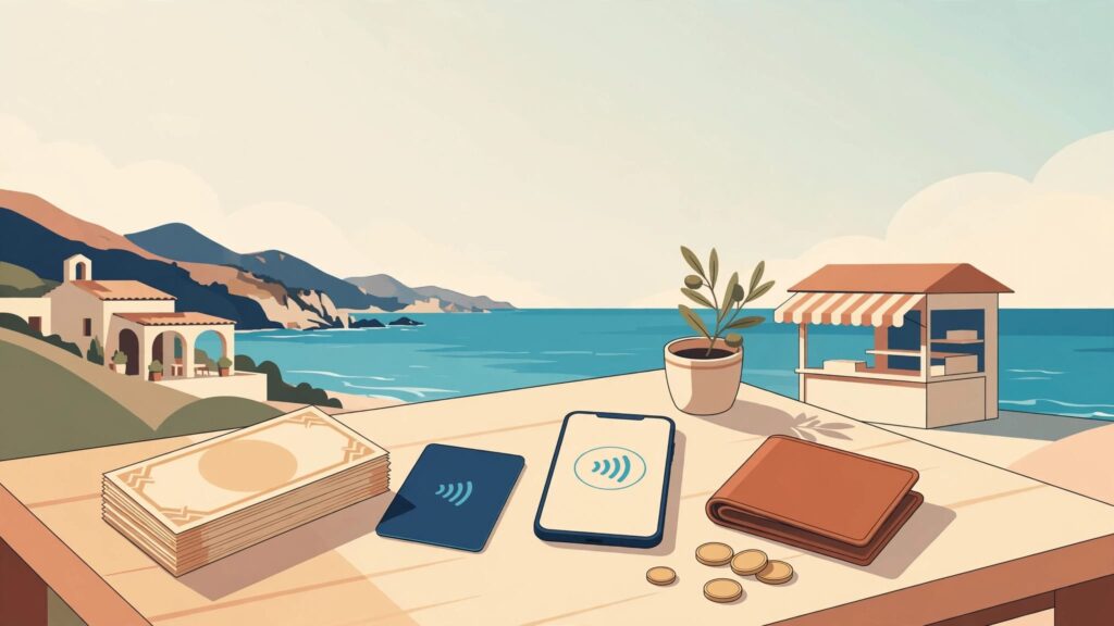 A café table holds cash, a contactless card, phone, wallet, and coins beside a beach.