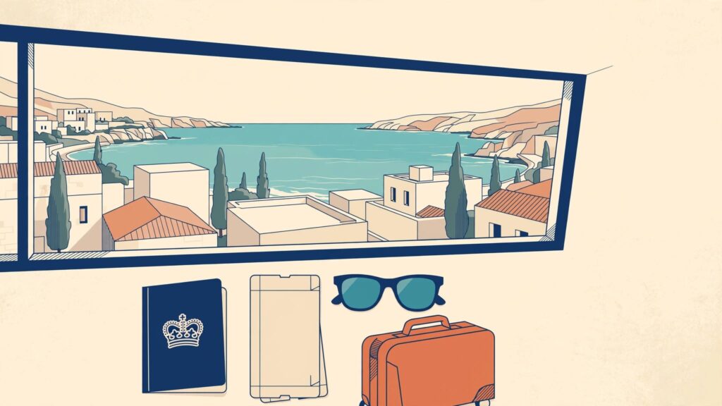 British passport and suitcase overlook Cyprus coastline from an airport.