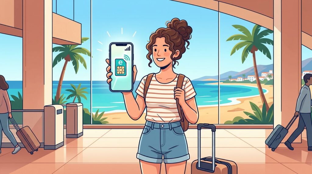 Traveller holding an eSIM smartphone at a sunny Cyprus airport by the sea.