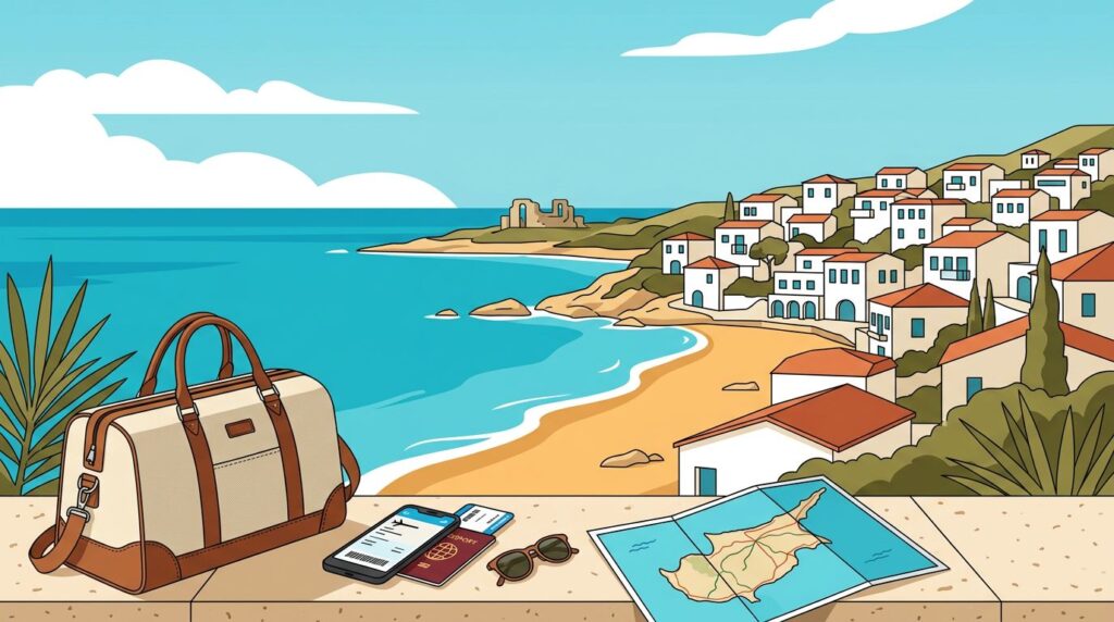 Travel bag and map overlooking a sunny Cyprus coastline.