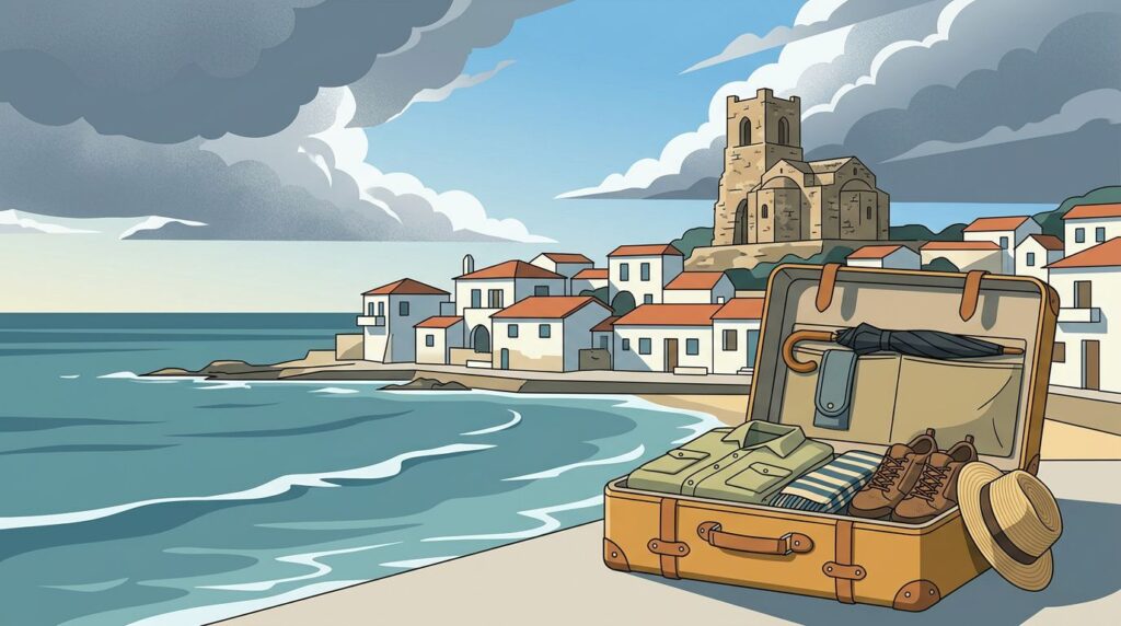 An open suitcase overlooks white buildings, the sea, and an ancient stone landmark.