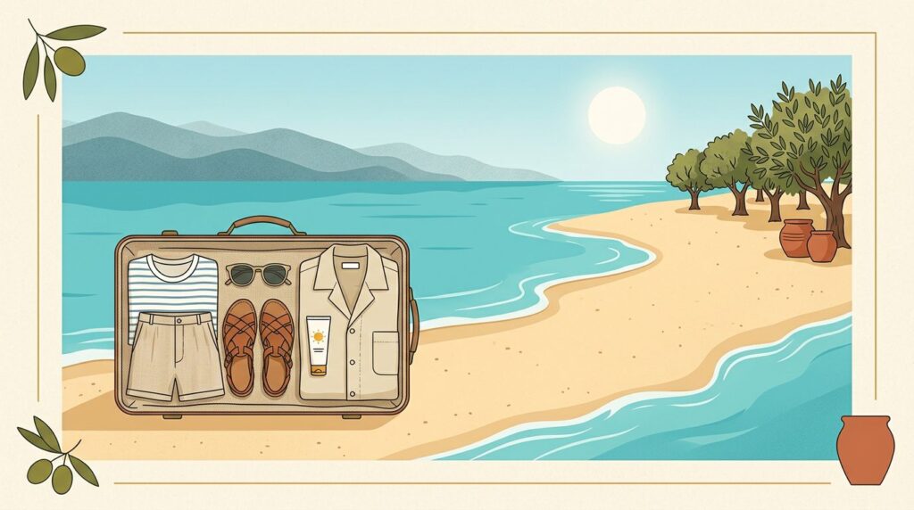A Cyprus beach beside an open suitcase packed with warm-weather essentials and a light jacket.