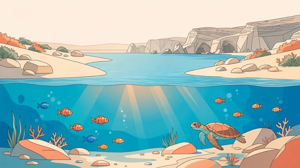 Clear turquoise water reveals fish and a sea turtle beside a sandy Cyprus shore.