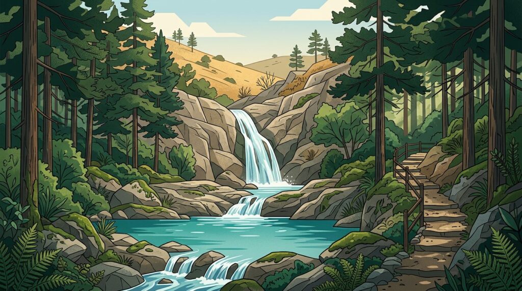 A waterfall flows into a turquoise pool beside a shaded forest trail.