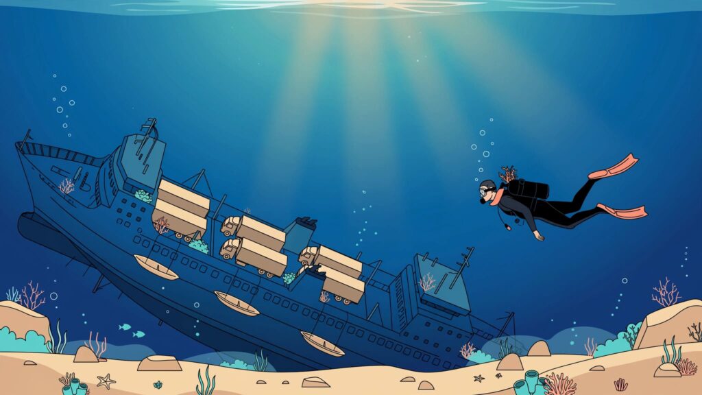 A scuba diver explores the Zenobia wreck in clear blue Mediterranean water.