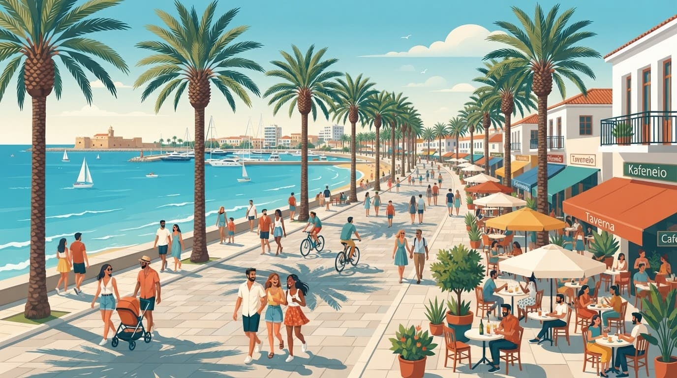 Palm-lined promenade with outdoor cafes beside the blue Mediterranean Sea.