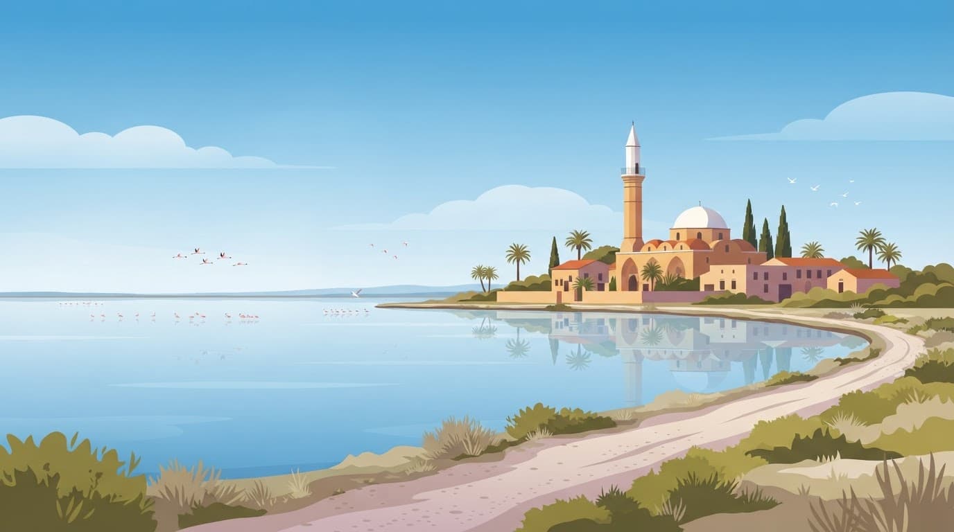 Historic mosque and minaret beside a calm salt lake.