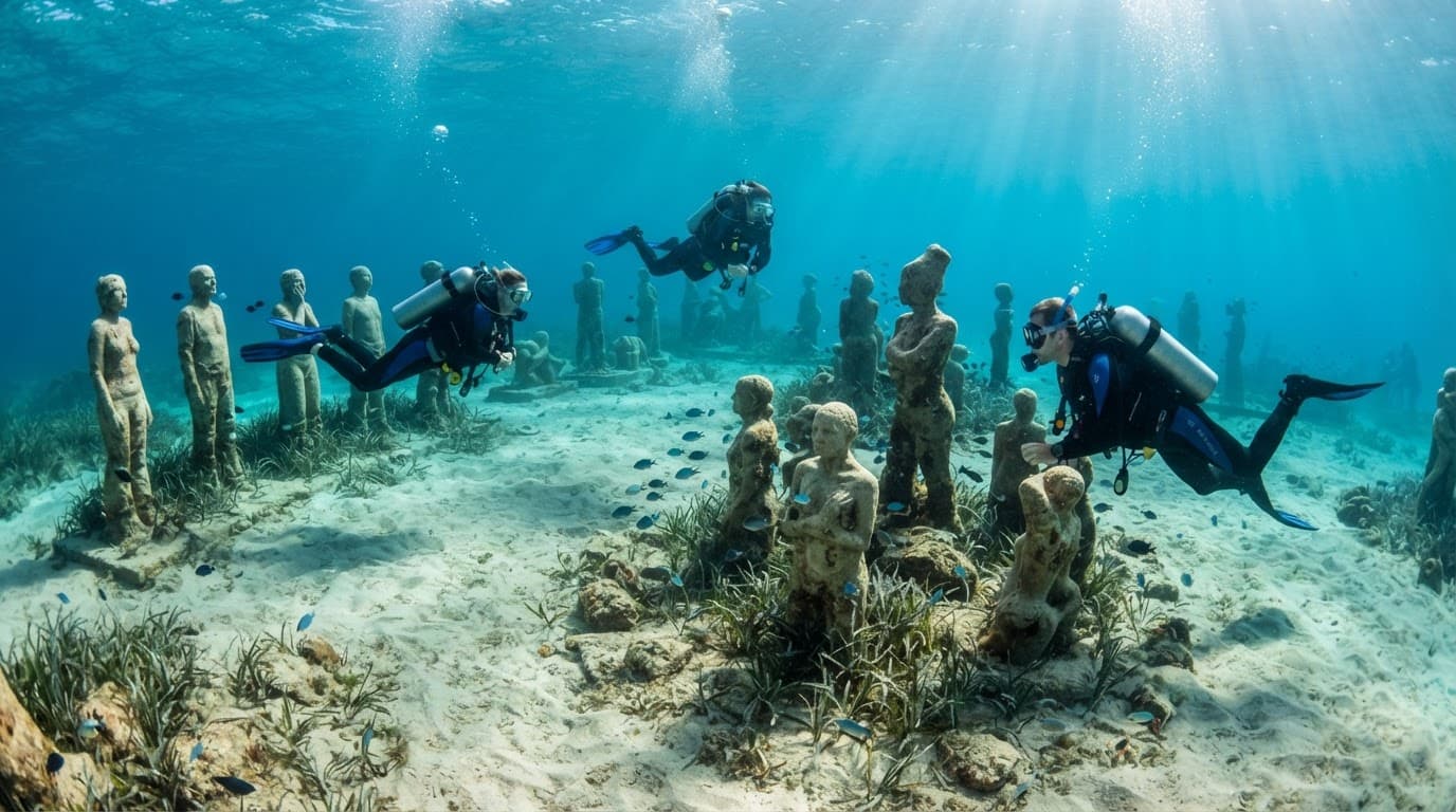 Three divers observe stone figures among seagrass in clear turquoise water.
