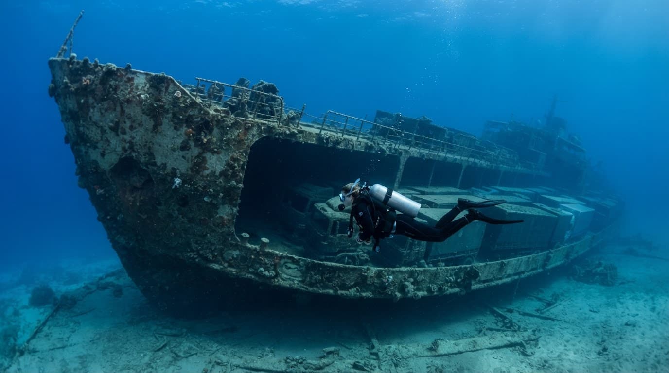 A scuba diver inspects the cargo deck of a large ferry wreck in clear blue water.