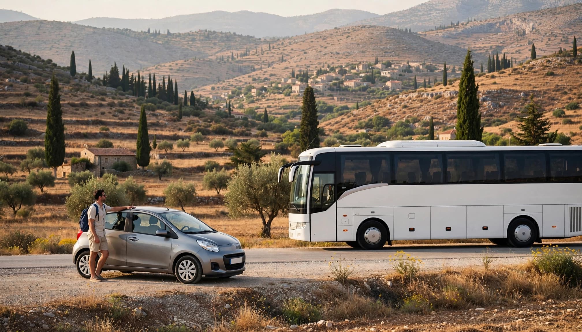 A rental car and intercity bus parked on a sunny Cyprus roadside.