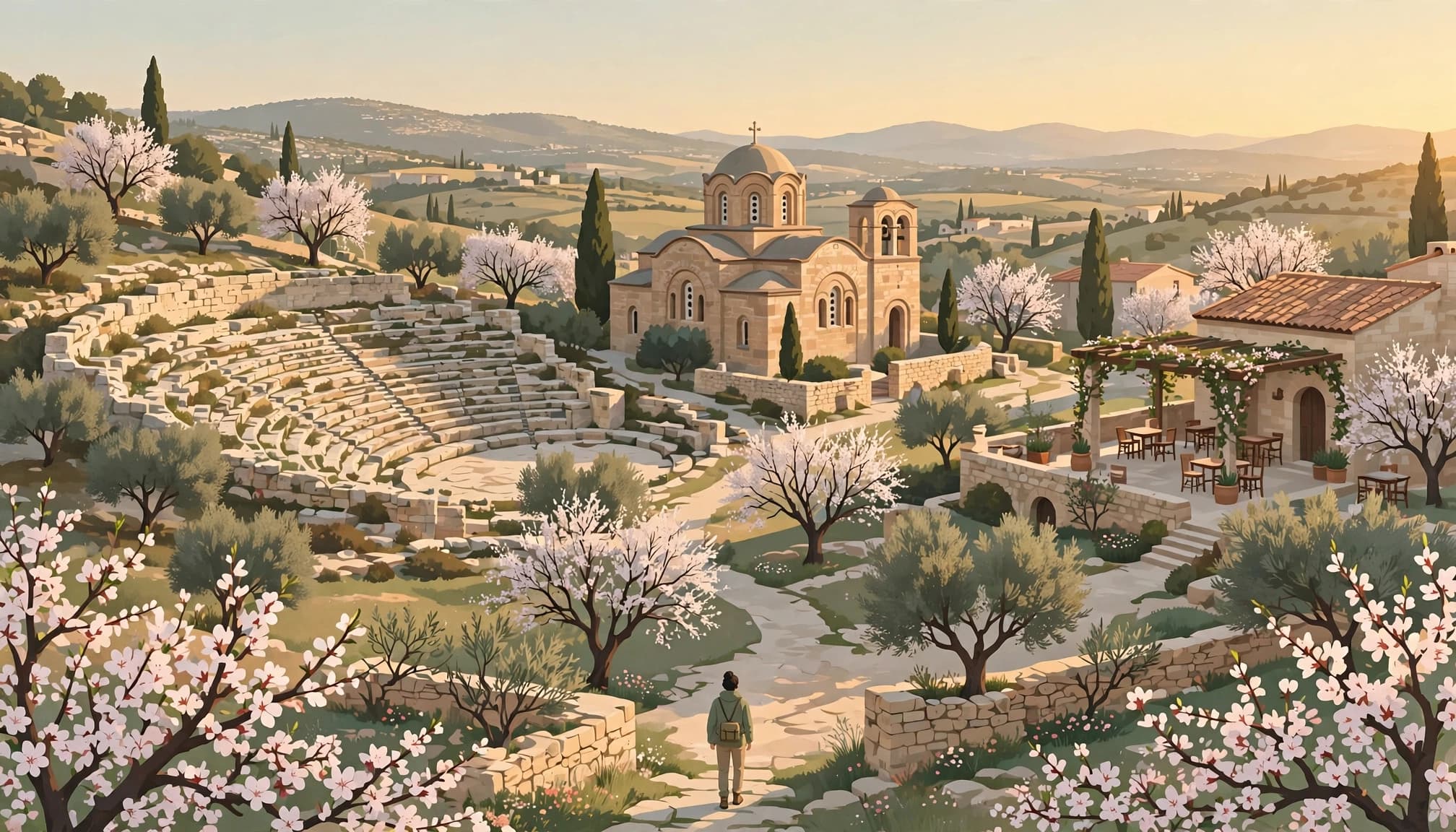 A lone traveller overlooks a Cyprus village, amphitheatre, church, and taverna in spring.