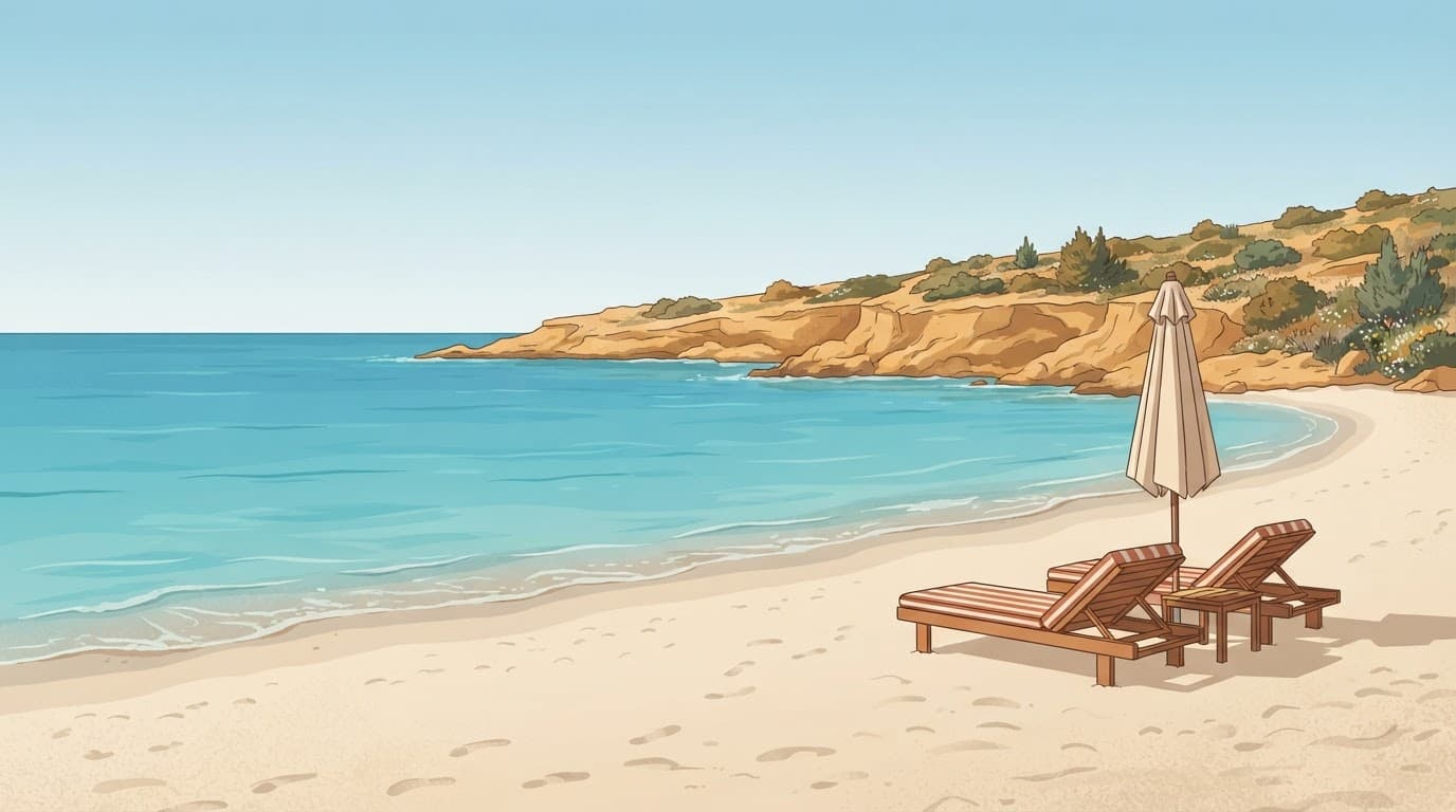 Quiet Cyprus beach with turquoise water, loungers, and a closed parasol.