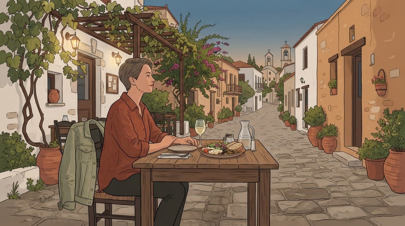 A traveller eats outdoors in a Cyprus village with a jacket over the chair.