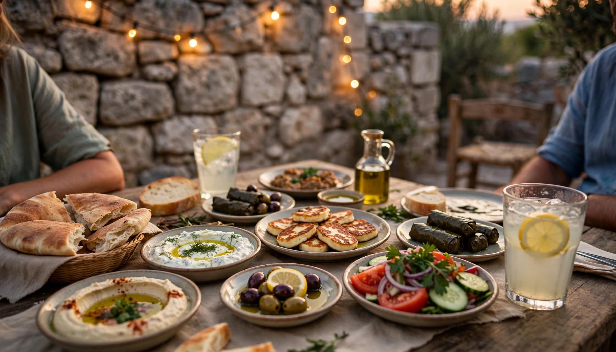 Meze dishes, bread, salad, and soft drinks on a village taverna table.