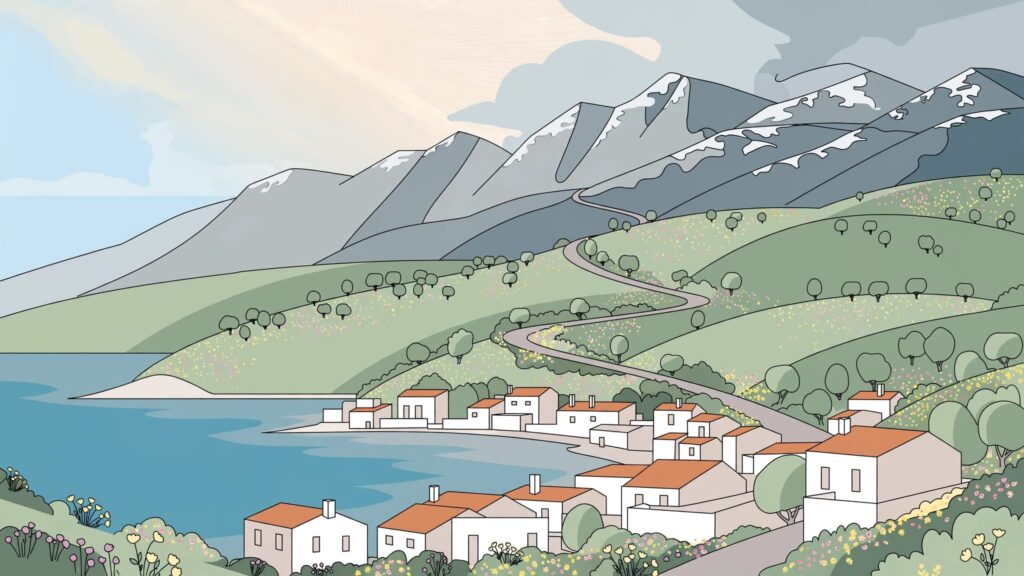 A sunny Cyprus village beside turquoise sea with a road leading toward snowy mountains.