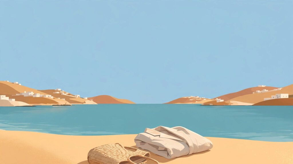 A sunny Cyprus beach with a folded jacket and woven bag on the sand.