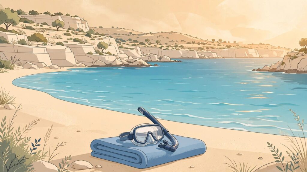 A sandy Cyprus beach with turquoise water, a snorkel mask, and distant limestone cliffs.