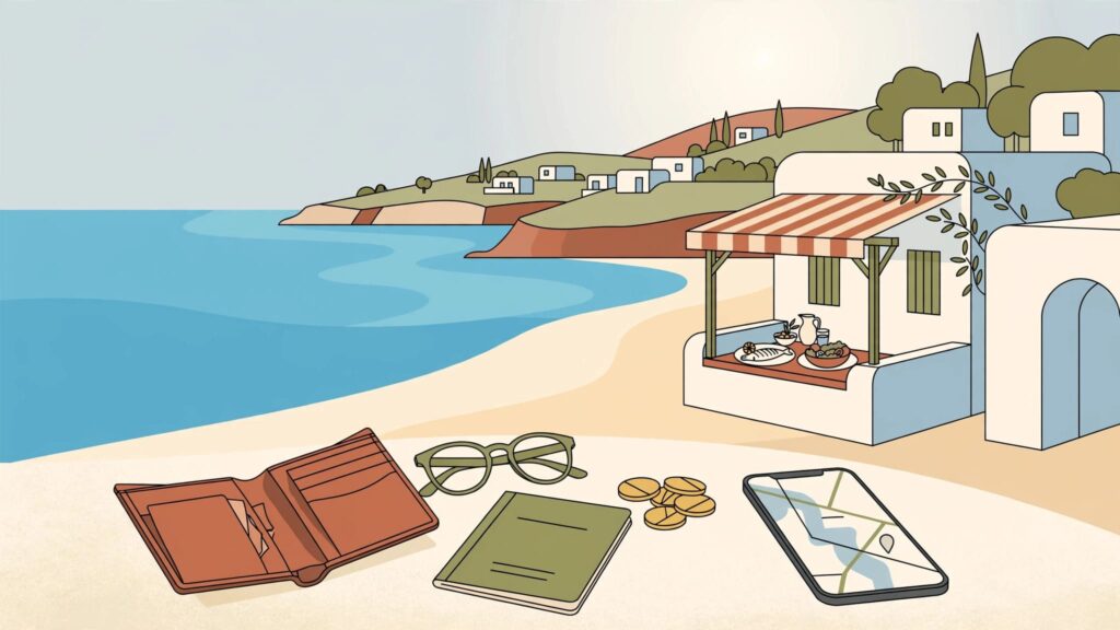 A Cyprus beach scene with a wallet, passport, coins, and phone in the foreground.