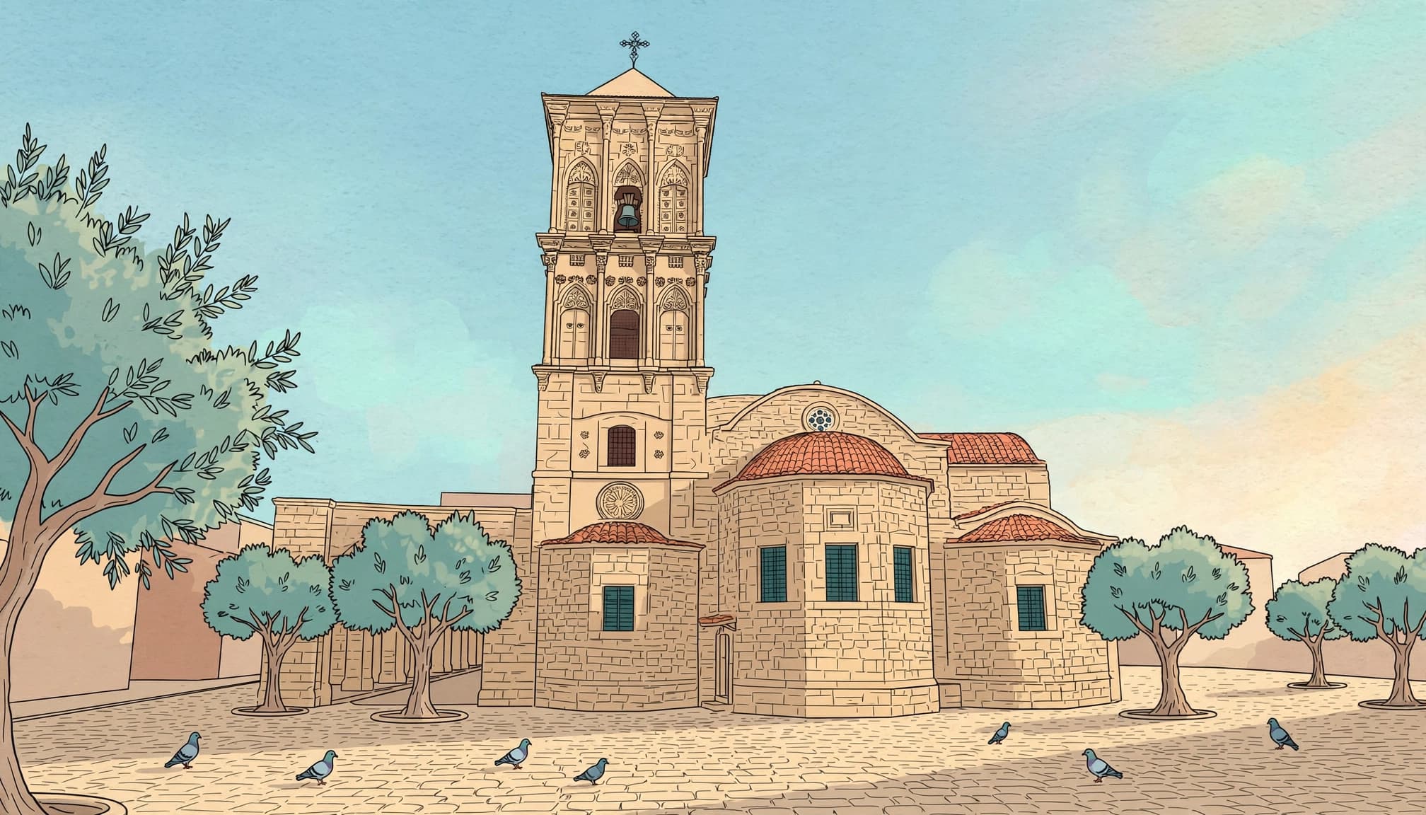 Saint Lazarus Church overlooks an empty paved square with olive trees and pigeons.