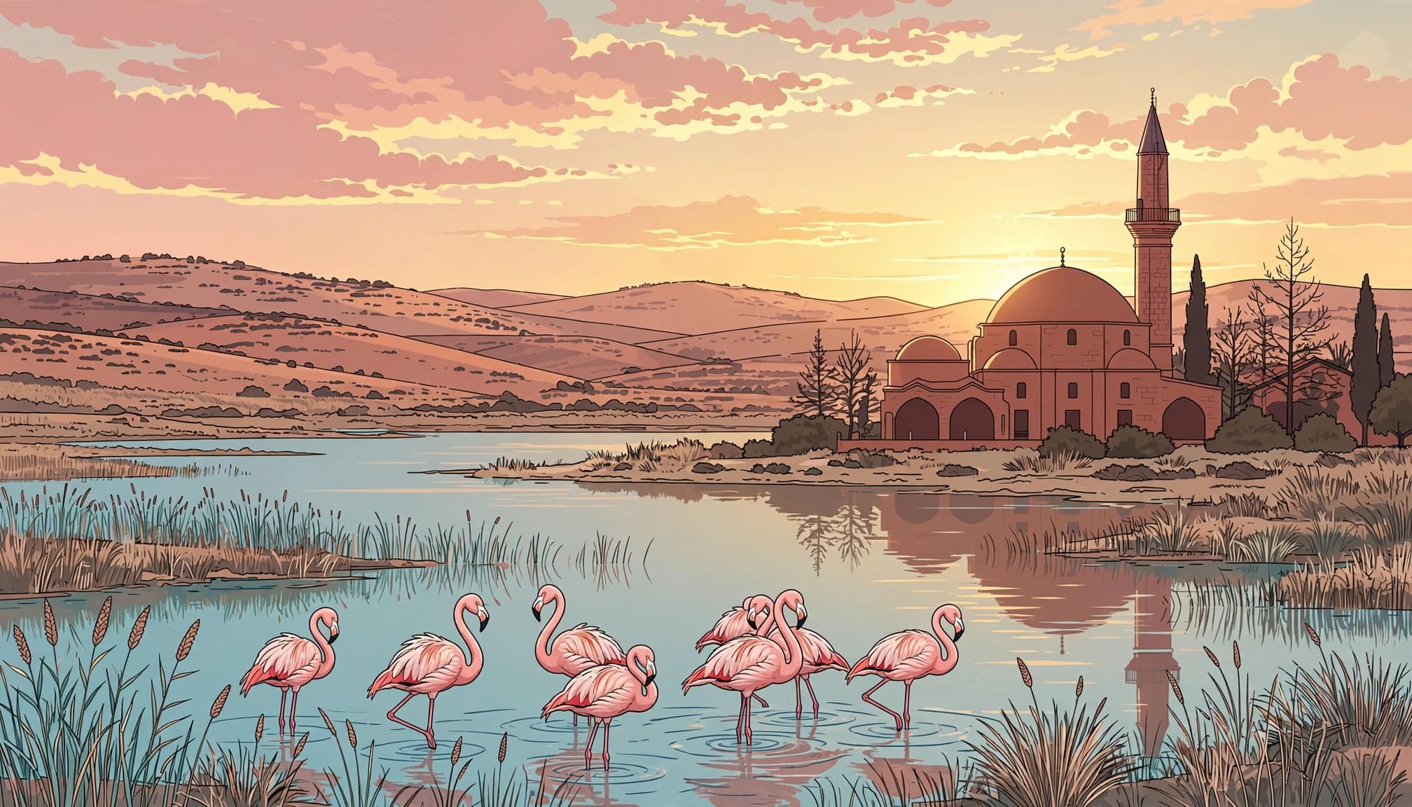 Pink flamingos wading before Hala Sultan Tekke at sunset.