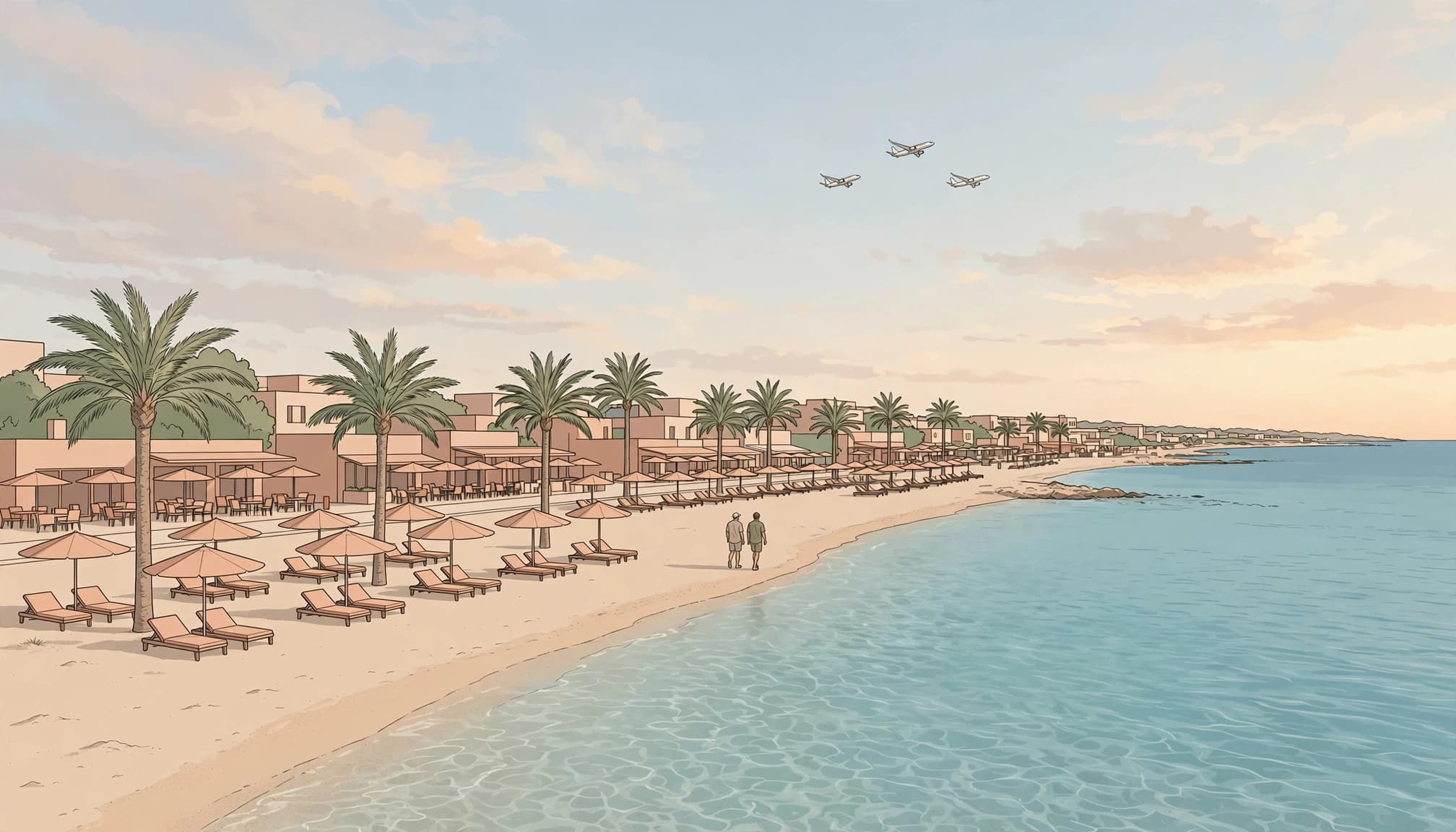 Two people overlooking shallow sea from a sandy beach with palms and planes overhead.