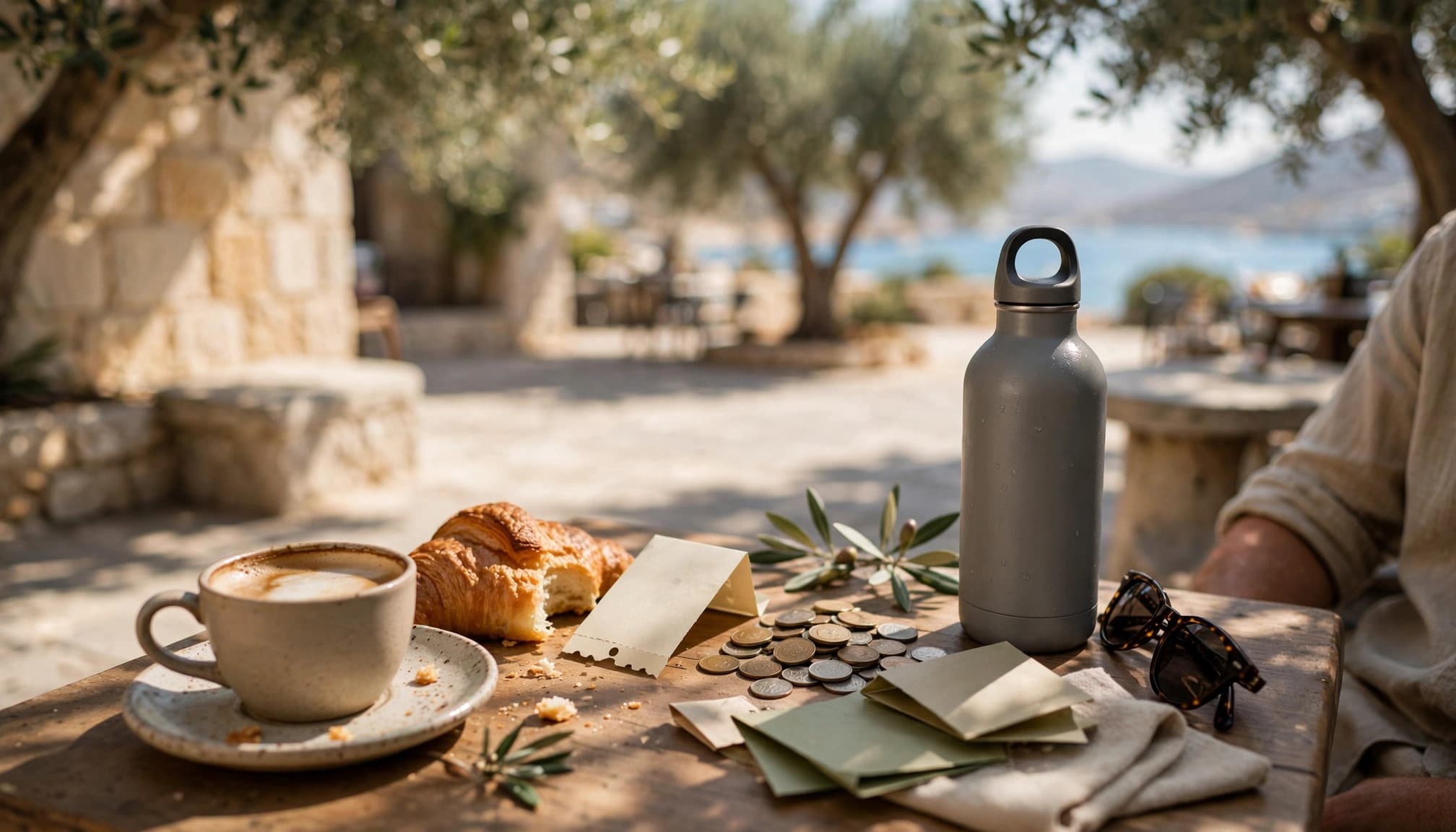 A café table holds breakfast, a reusable bottle, and loose travel money in Paphos.