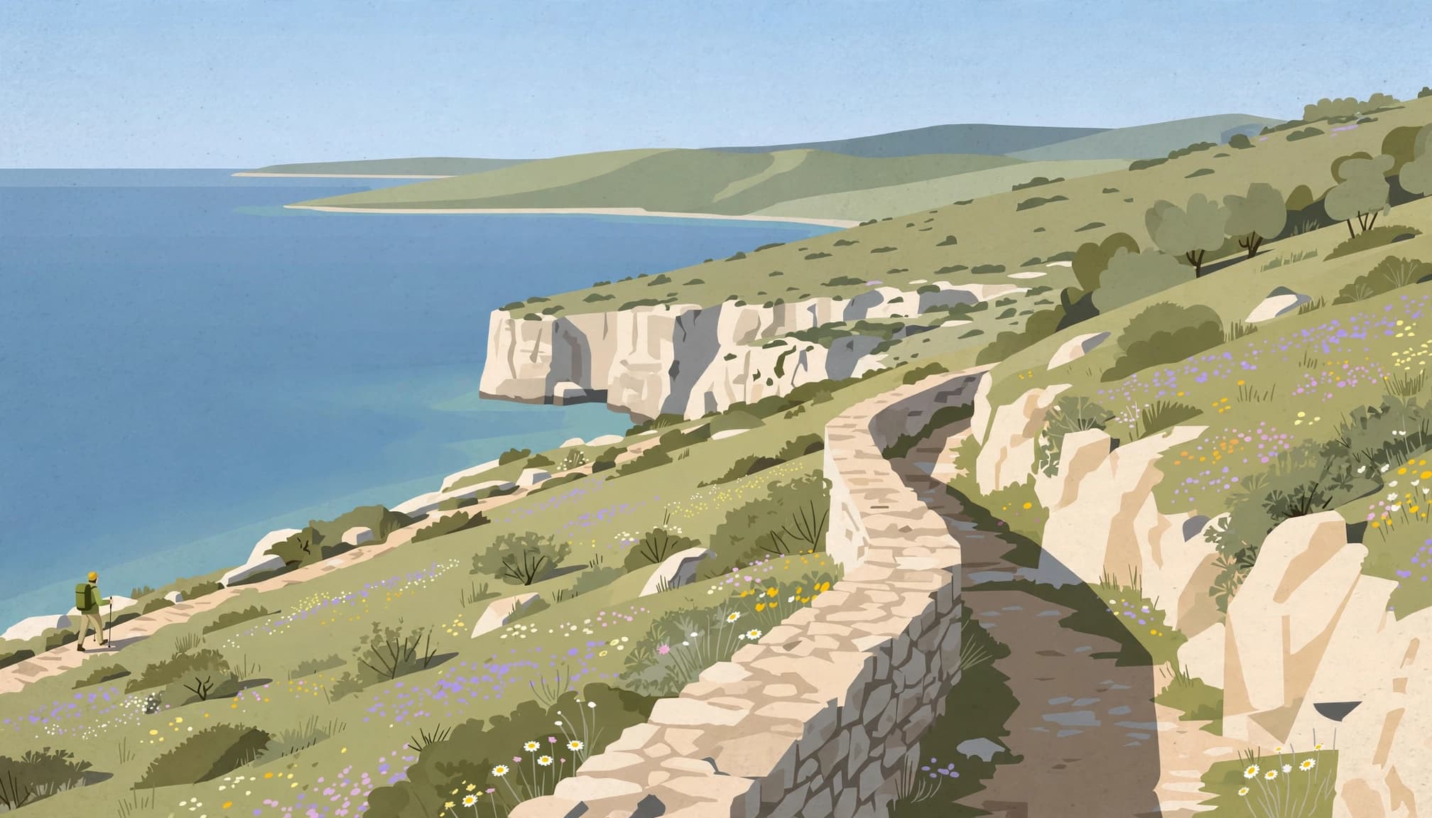 A lone hiker walks a rocky coastal path above the blue Mediterranean.