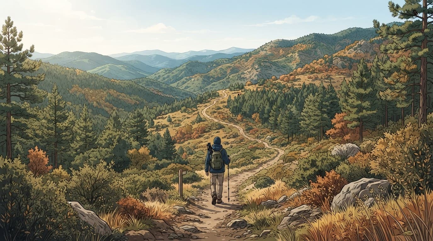 A lone hiker walks a mountain trail through Cyprus pine woodland toward distant hills.