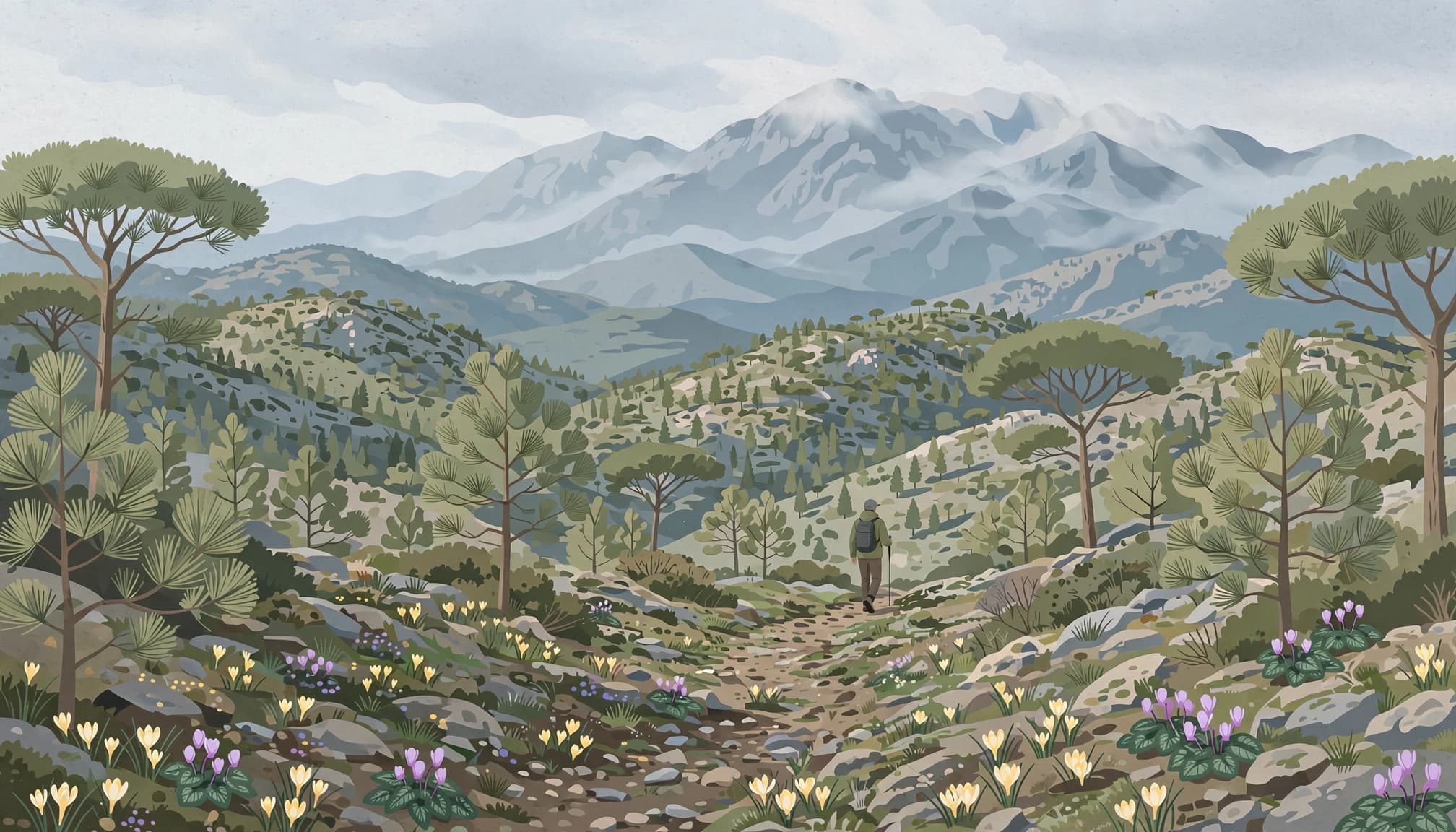 A lone walker on a rocky pine forest trail beneath cloudy mountain peaks.