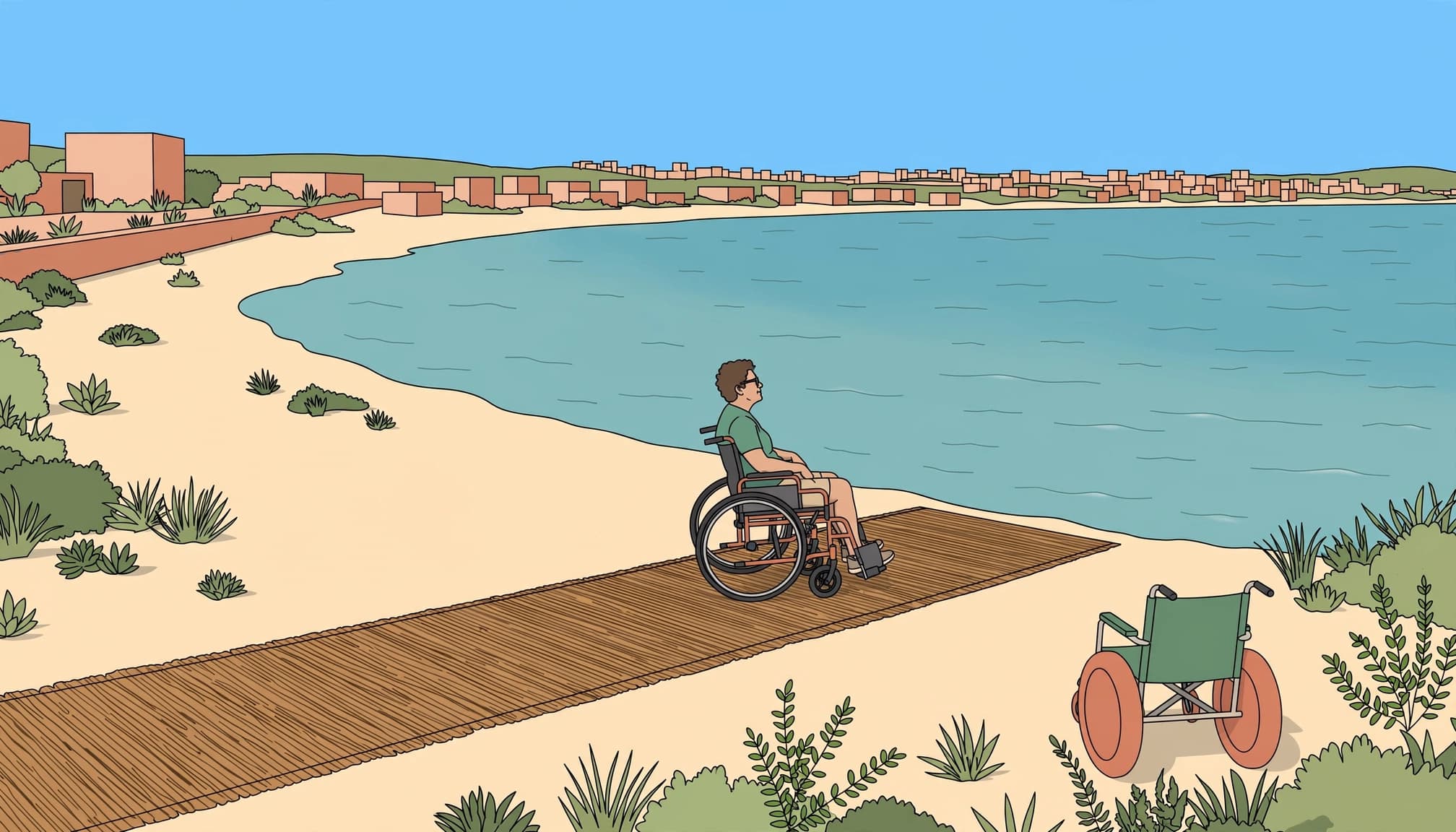 A wheelchair user on a beach access mat faces the turquoise sea, with a beach wheelchair nearby.